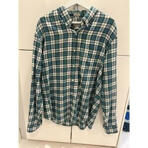 J. Crew Men's Slim Cotton Linen Twill Green And Blue Plaid Shirt Size XL